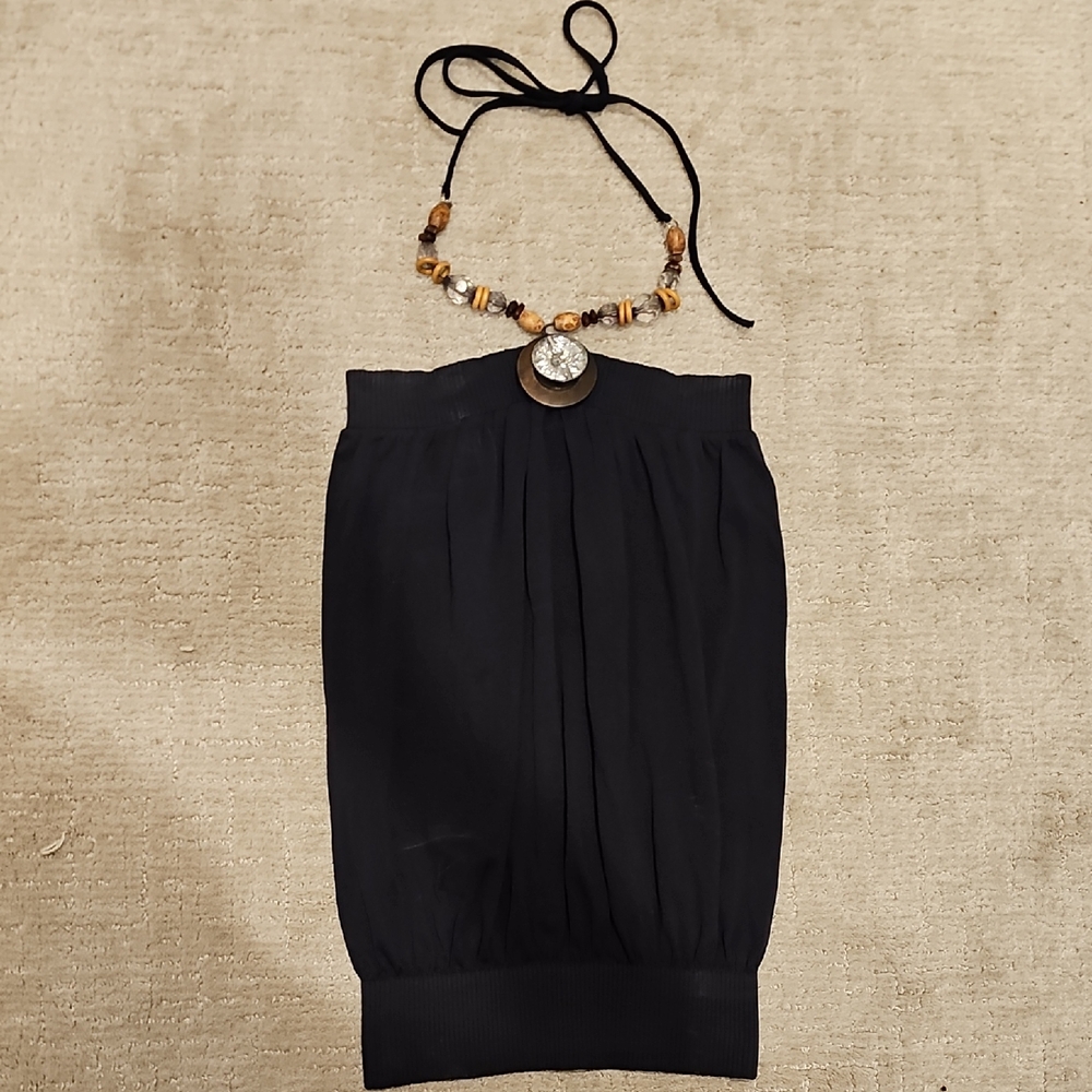 Black Strapless Top with Beaded Necklace